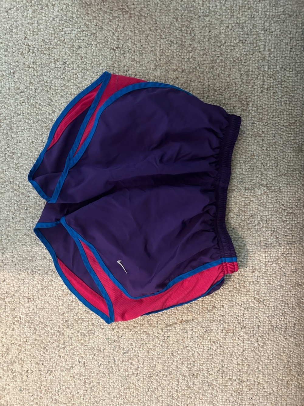 Nike Purple Athletic Shorts with Pink Panels and Blue Trim